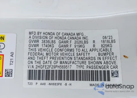 2023 Honda Civic Lx из США, поврежденный, VIN 2HGFE2F29PH569517